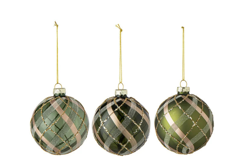 J-Line Kerstbal met ruitmotief - glas - groen/goud - small - assortiment van 3