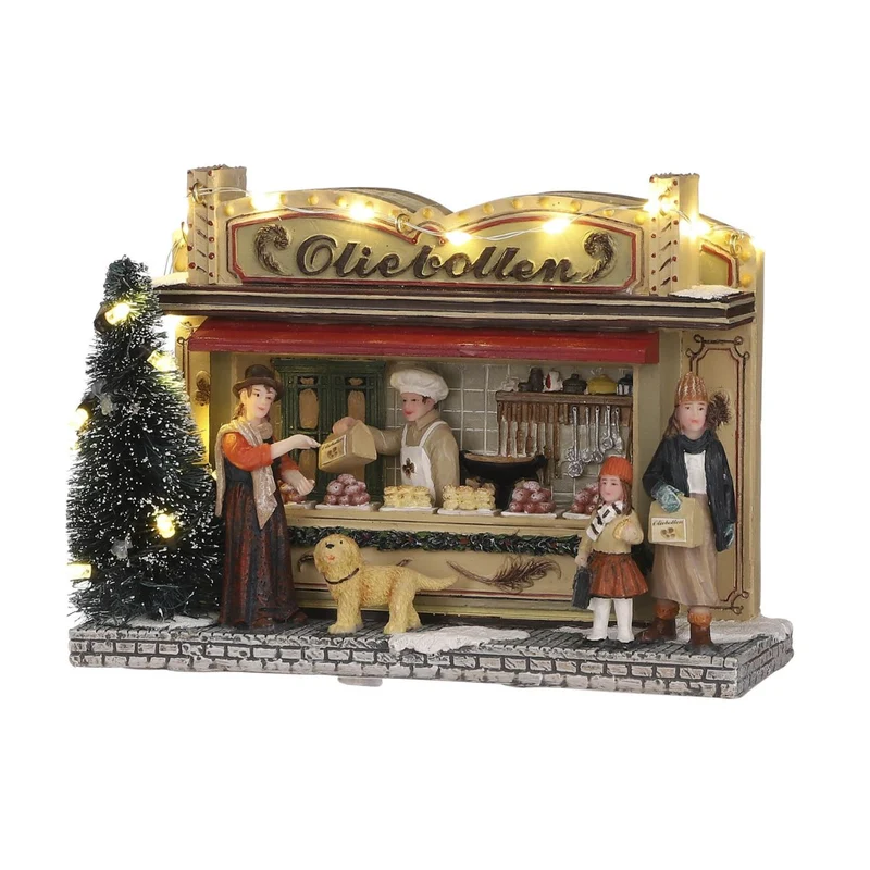 Luville Kerstdorp Miniatuur Oliebollenkraam - Kerstversiering voor Miniatuur Kerstdorp - Kerst Decoratie met LED Verlichting op Batterijen - L17 x B6