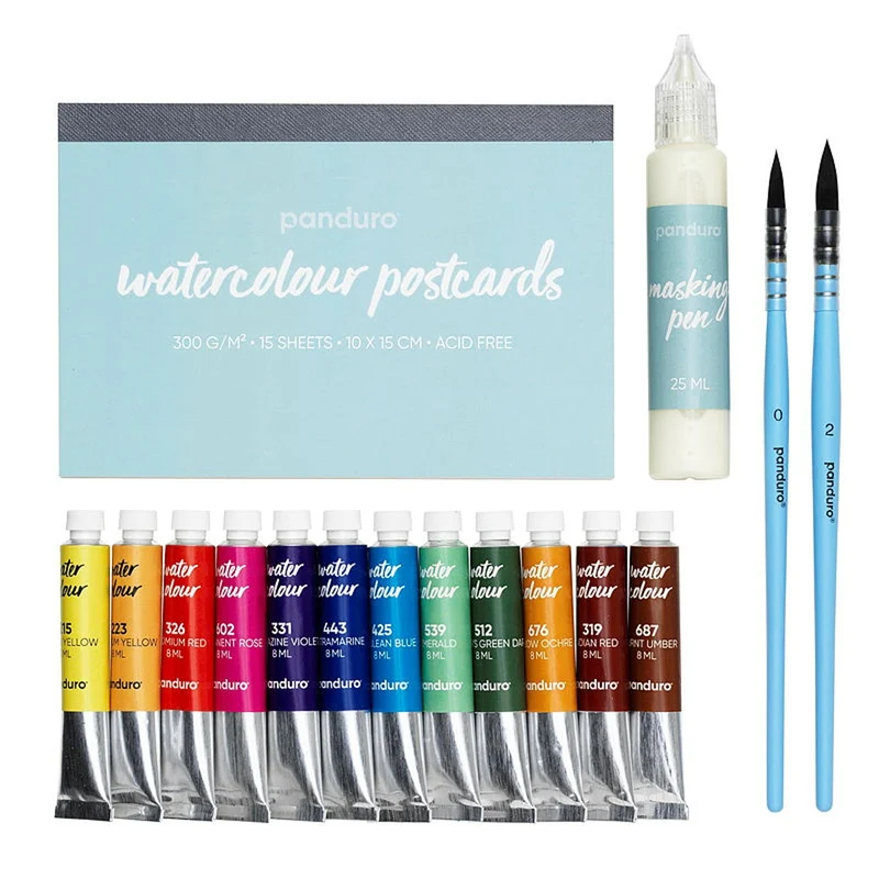 Panduro aquarel ansichtkaartenset - 12 x 8 ml verf + 2 penselen