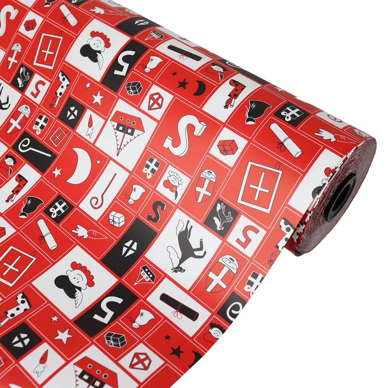 Inpakpapier Piet en Pakjes - Rood - 50cm x 100mtr