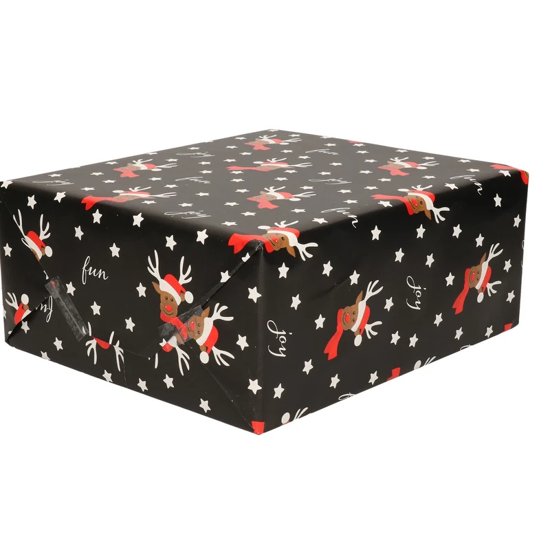 Bellatio Decorations Kerst Cadeaupapier - zwart - 250x70 cm - rendier