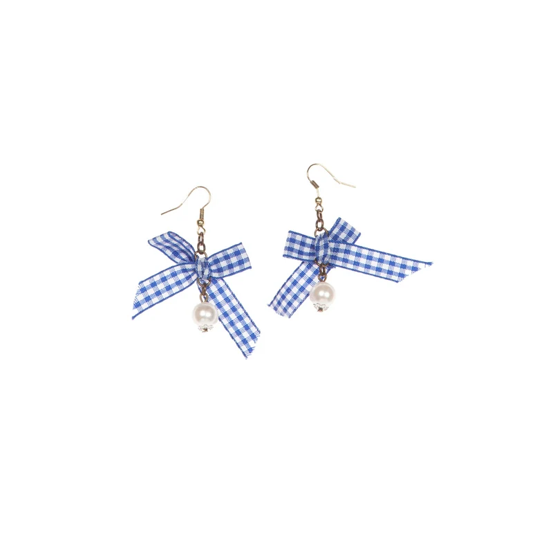 Oorbellen Dirndl Parel Met Geruit Strikje Blauw
