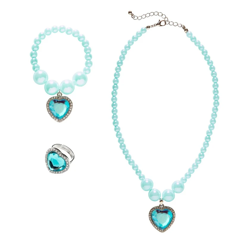 Prinses Ketting, Armband, Ring Strass Hart Azuur Blauw