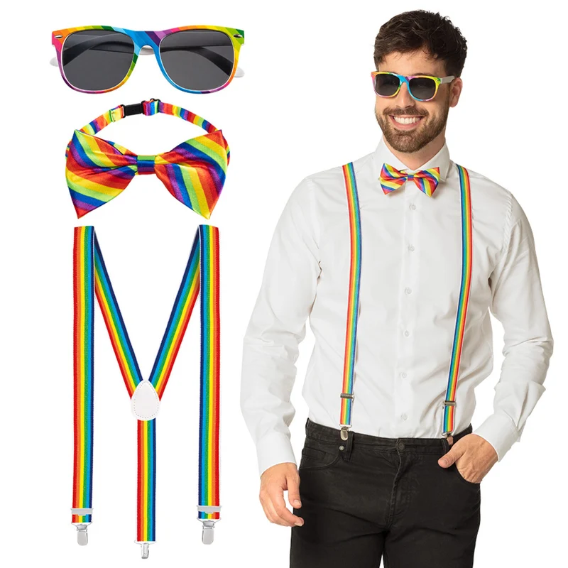Gentleman Party Set Regenboog (Partybril, Vlinderstrik En Bretels)