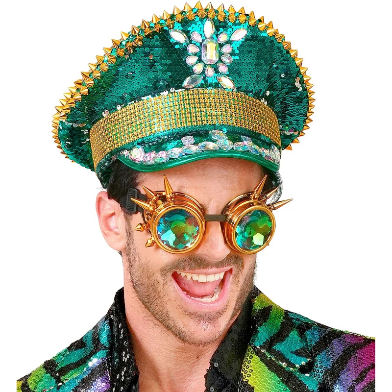 Groene Futuristische Pailletten Pet Met Bril Burning Man