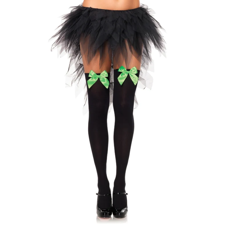 Zwarte Nylon Kniekousen Met Neon Groene Strik