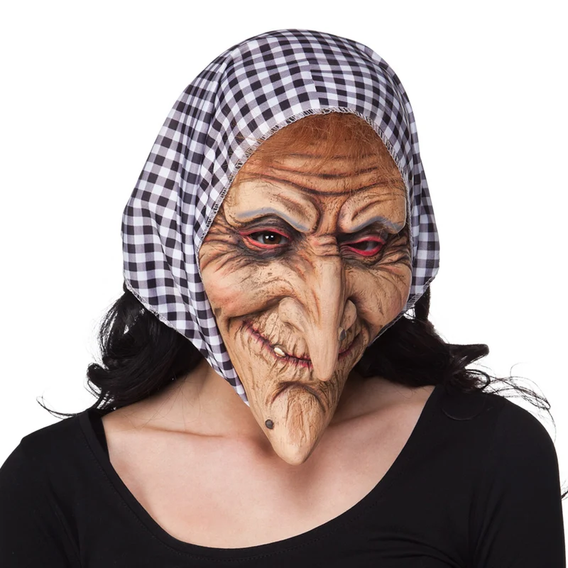 Latex Gezichtsmasker Oude Heks Met Kap Zwartwit