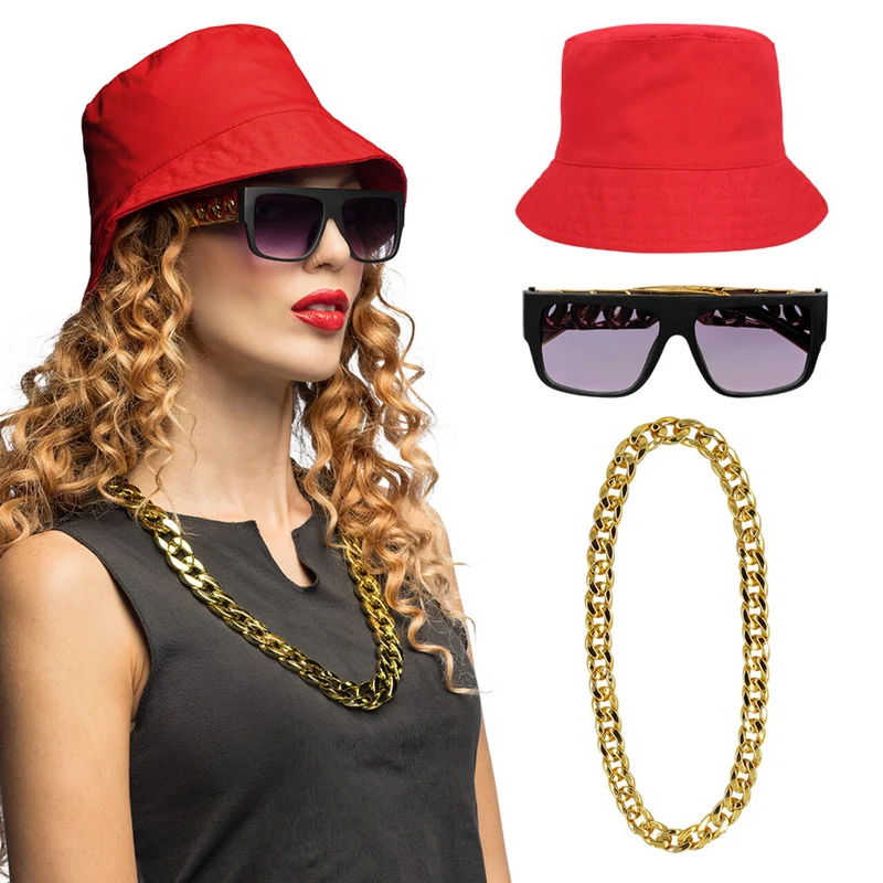 Set 90s Hip Hop (Bucket Hat, Partybril, Ketting)