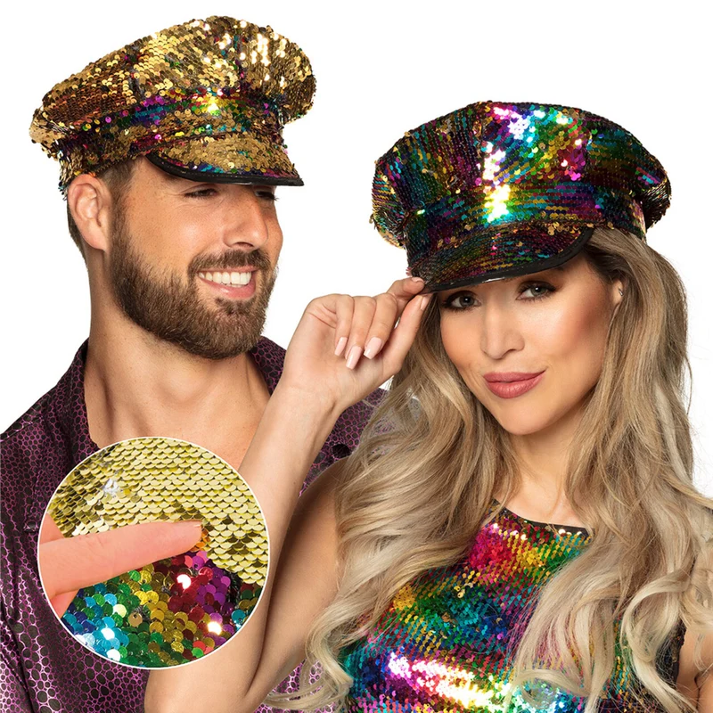 Kapiteinspet Rainbow Switch (Omkeerbare Pailletten Regenboog / Goud)