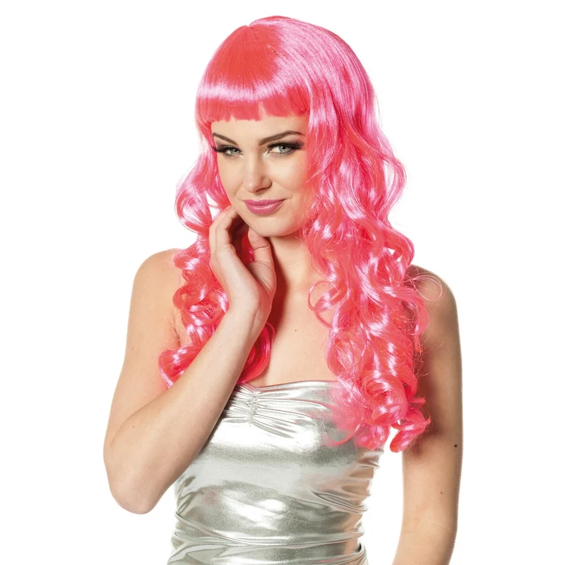 Pruik Roze Lang Pony Met Krullen