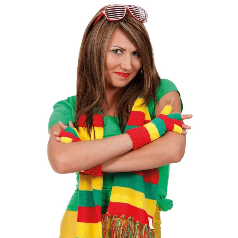 Gebreide Vingerloze Handschoenen Carnaval Rood Geel Groen Gestreept