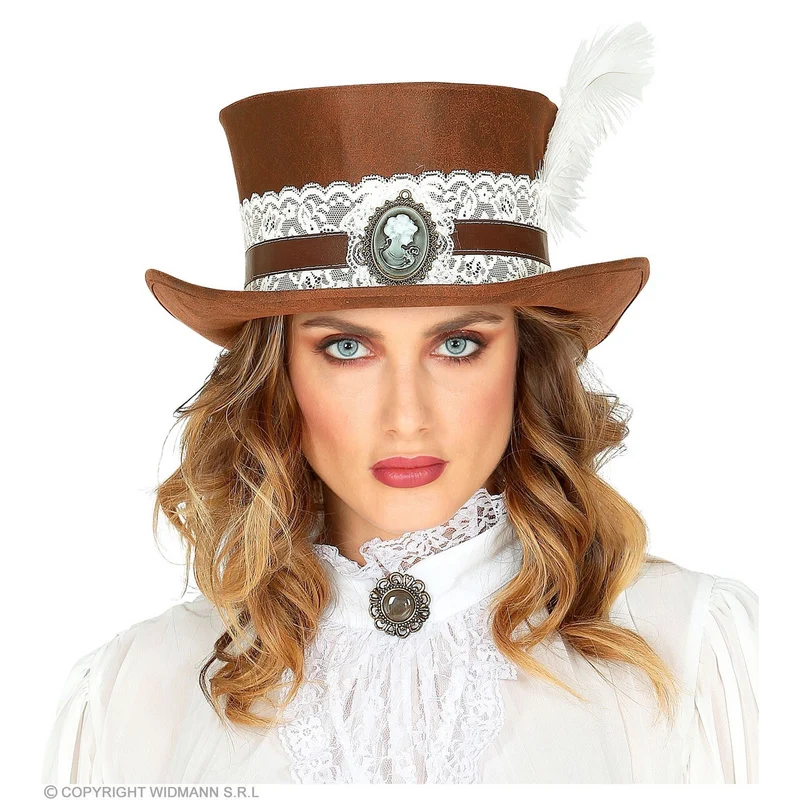 Hoge Hoed Steampunk Met Veer En Kant Bruin