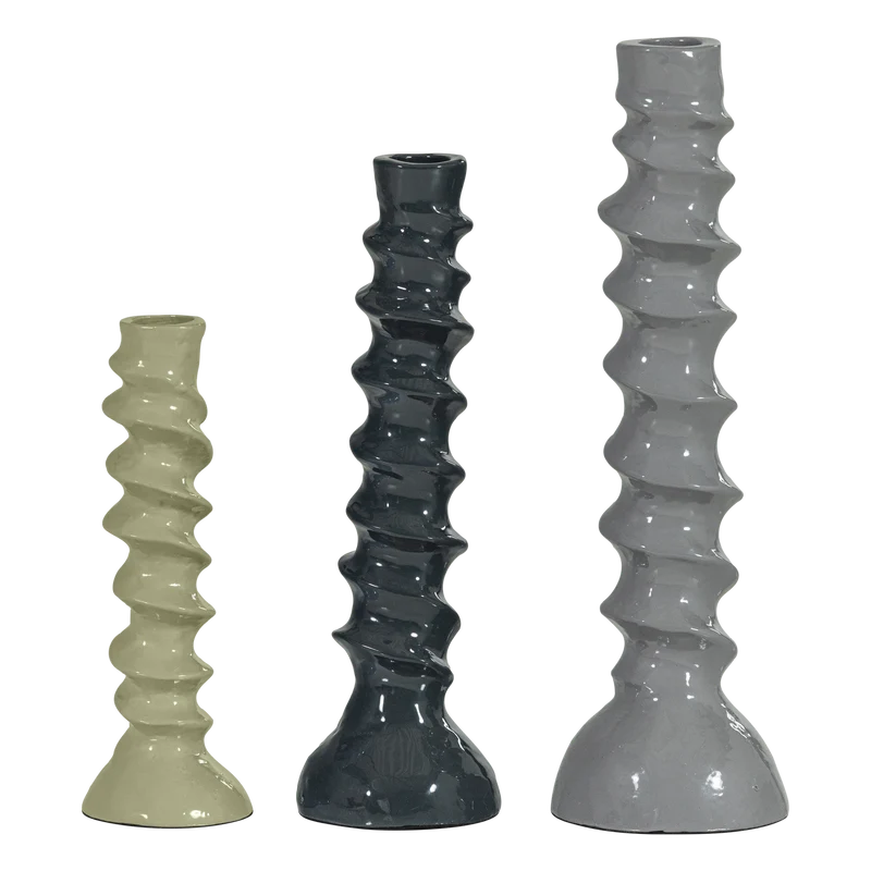 WOOOD kandelaar Bexi - Metaal - Grijs/Groen - Set Van 3 - 28x9x9