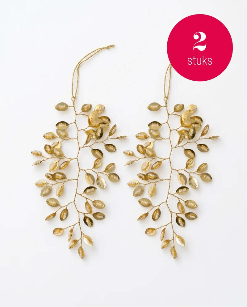 vtwonen - Kerstornamenten Leaf - Metaal - Goud - 17 x 10 cm - Set van 2