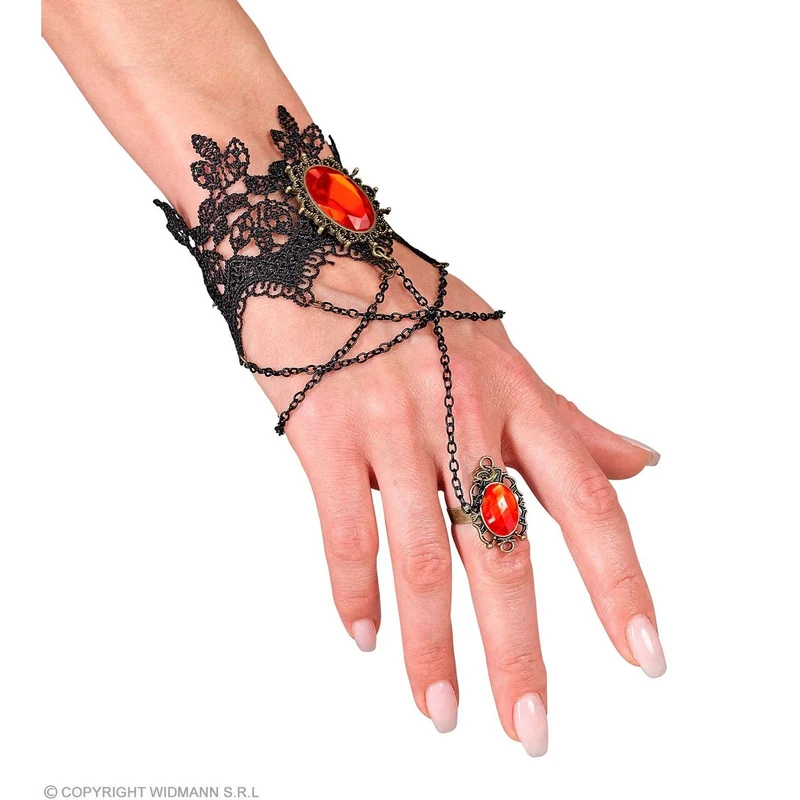 Kanten Armband Met Ring & Rode Steen
