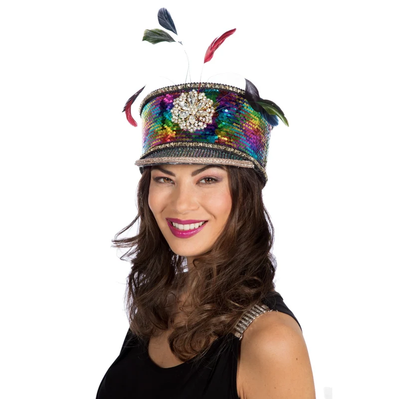 Stralende Regenboog Met Veren Pailletten Hoed Burning Man
