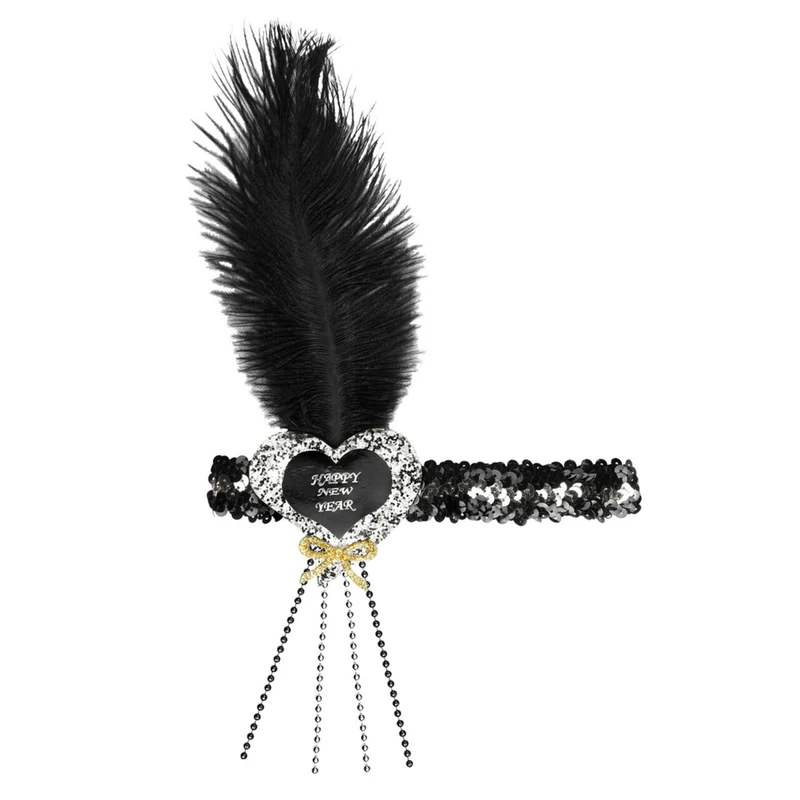 20s Glitter Hoofdbandje Zwart / Zilver Happy New Year Hartje