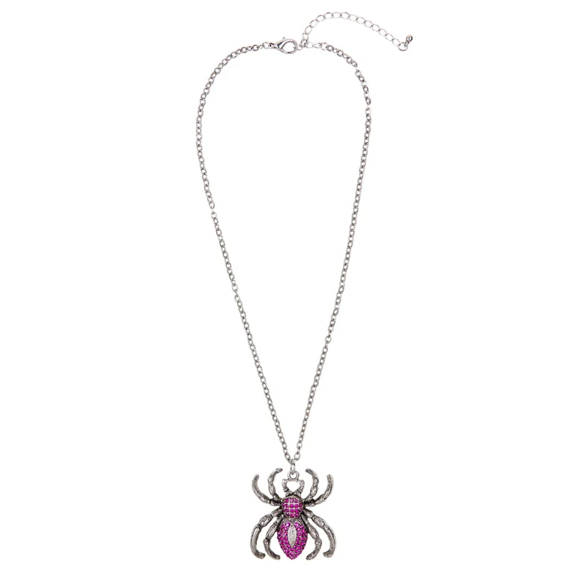 Horror Ketting Zilver Met Paarse Spin, Strass