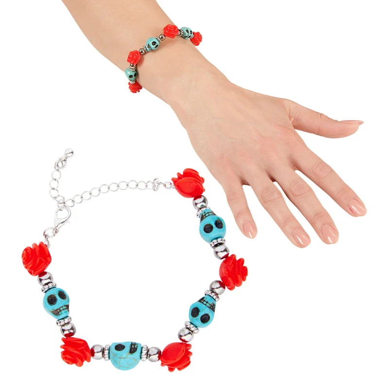 Horror Armband Azuur Schedel Rode Rozen
