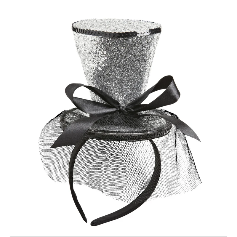 Zilveren Glitter Mini Hoge Hoed Met Sluier