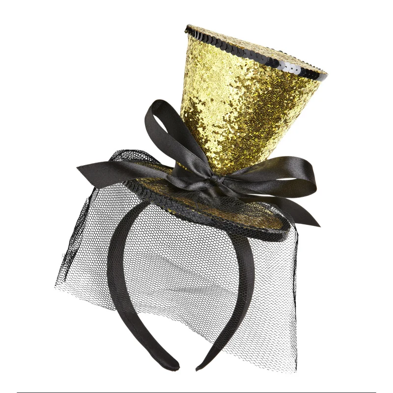 Gouden Glitter Mini Hoge Hoed Met Sluier
