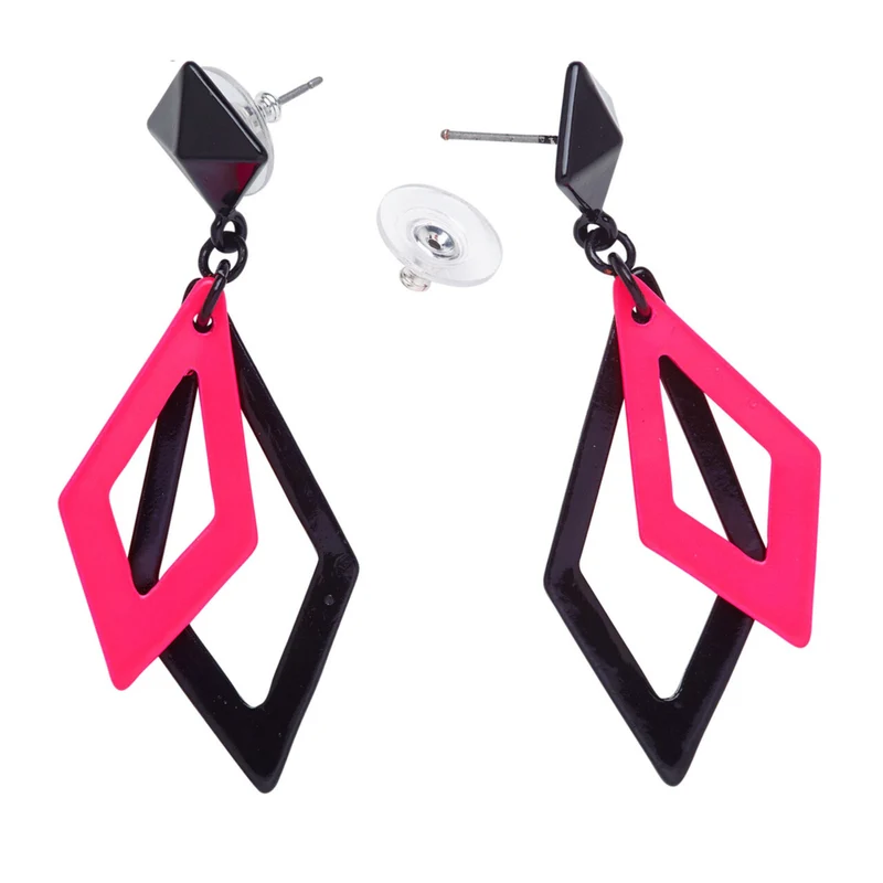 70er Jaren Oorbellen Ruit Neon, Zwart / Roze