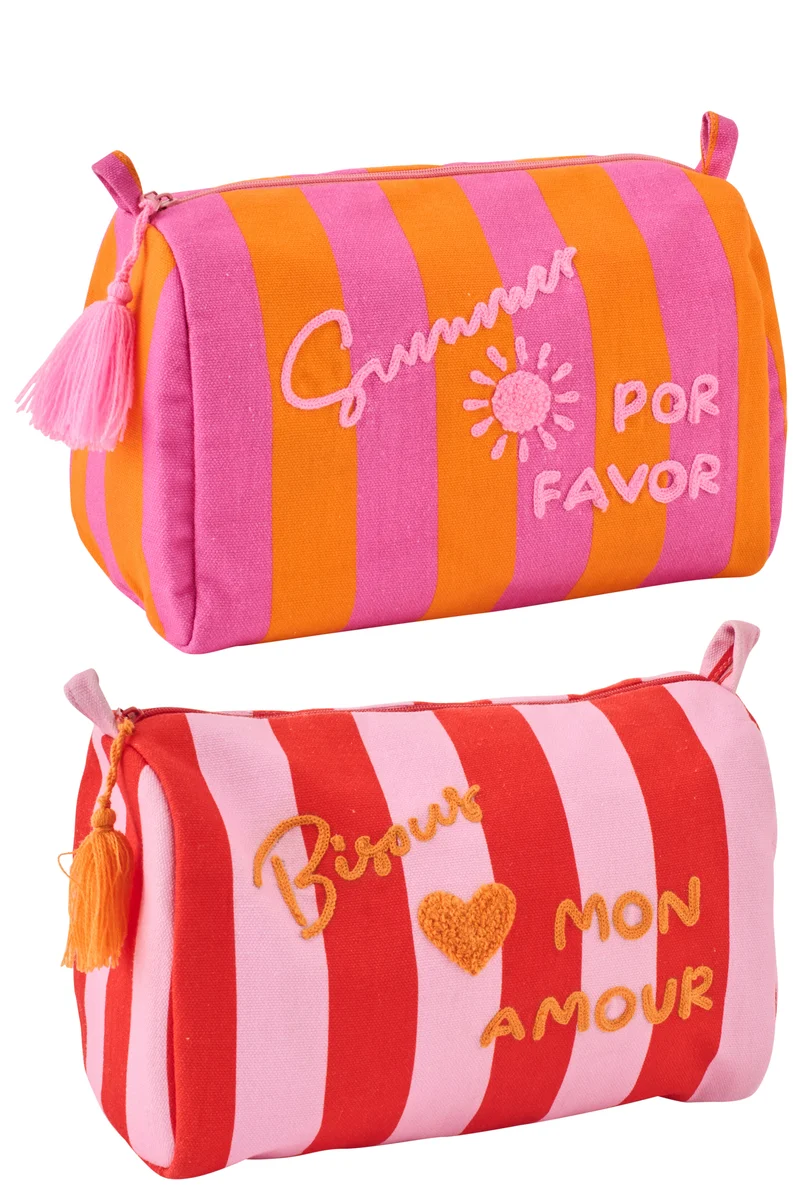 J-Line toilettas Summer + Bisous Gestreept - katoen - mix - set van 2