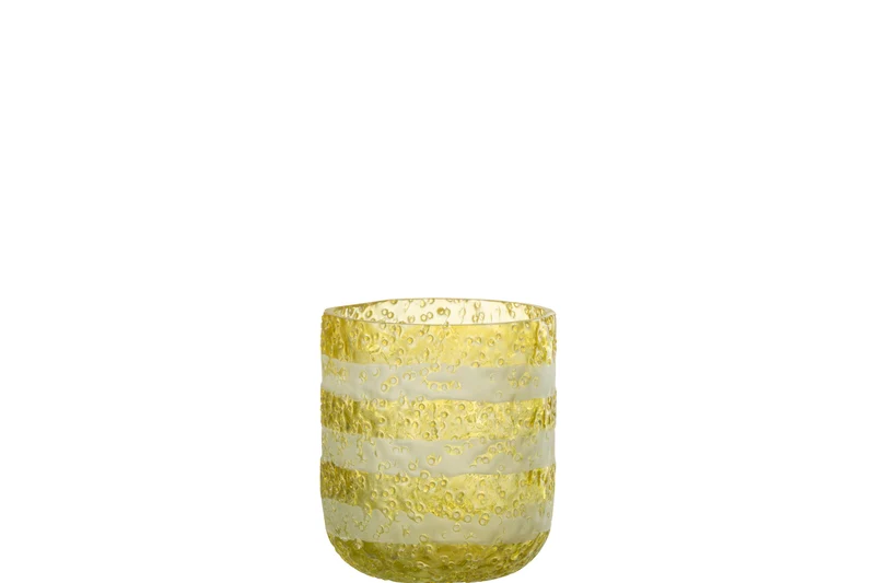 J-Line windlicht Strepen - glas - geel/wit - small - 2 stuks