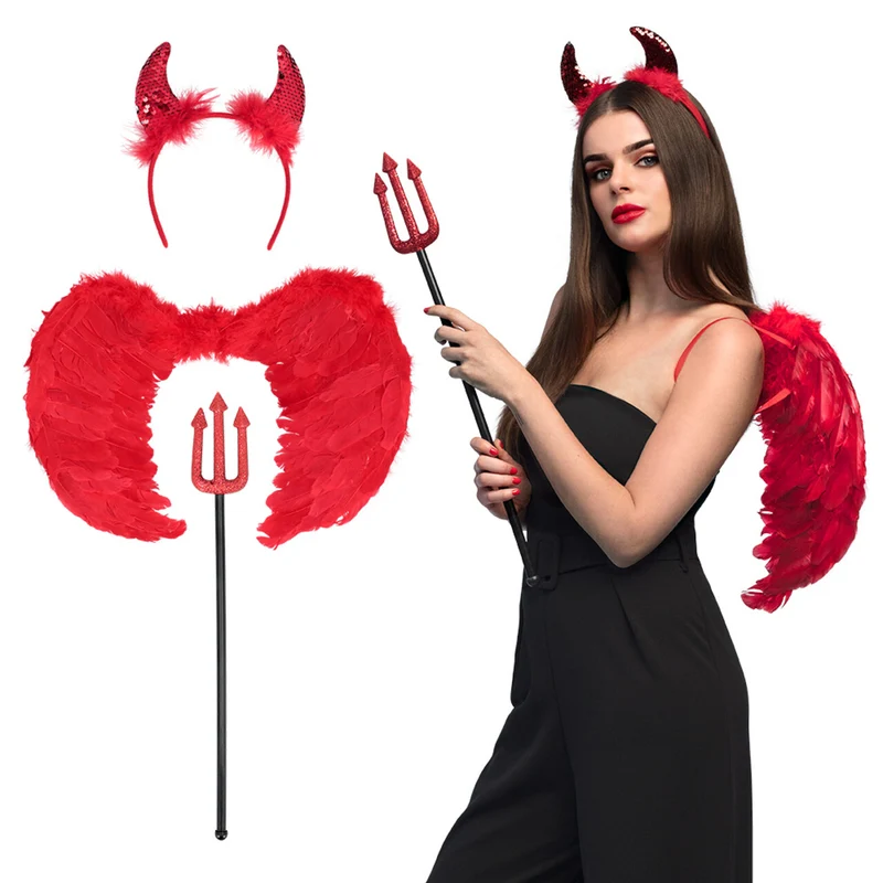 Set Gevleugelde Duivel Hoorntjes Vleugels En Vork 58 Cm